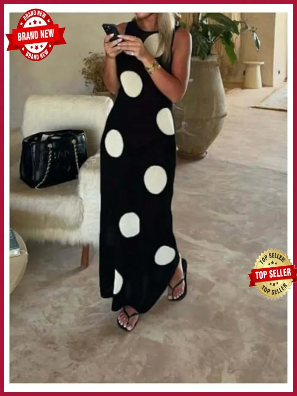 Sleeveless Polka Dot Sweater Dress with Crew Neck, Maxi Length